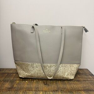 Kate Spade Greta Court Glitter Penny Tote Handbag Gray Silve Gold Bling